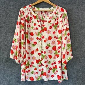 Rose & Olive Womens Strawberry and Cherries Floral Print Popover Top Size 1X